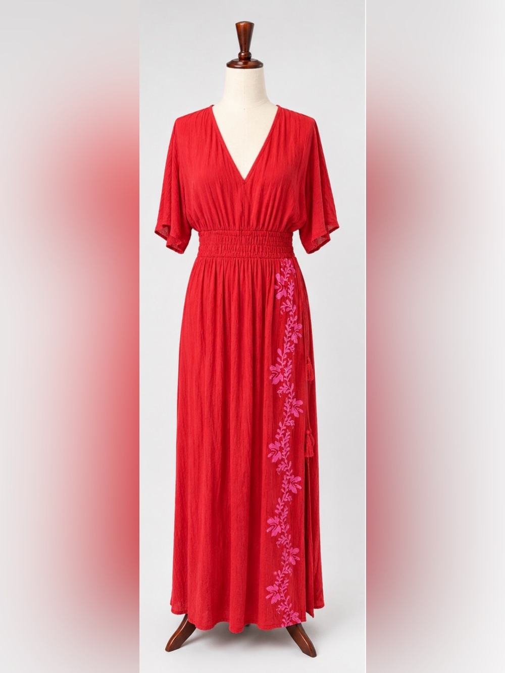 Knox Rose Red Pink Embroidered Boho Maxi Dress Smocked Waist Size Small